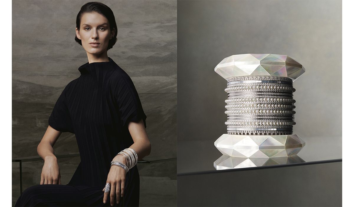 White gold Churiyans bracelets with diamonds, mother of pearl, and pearls. Boucheron