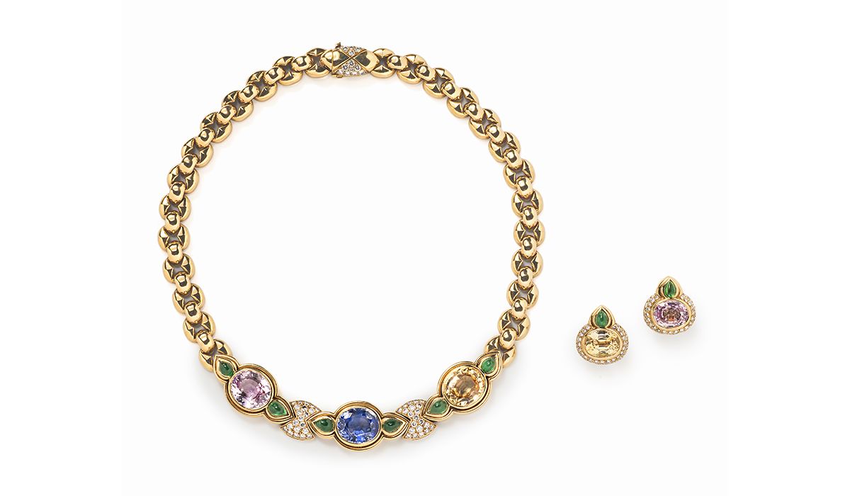 Bulgari Multicolored Sapphire and Emerald Diamond Necklace and Ear Clips