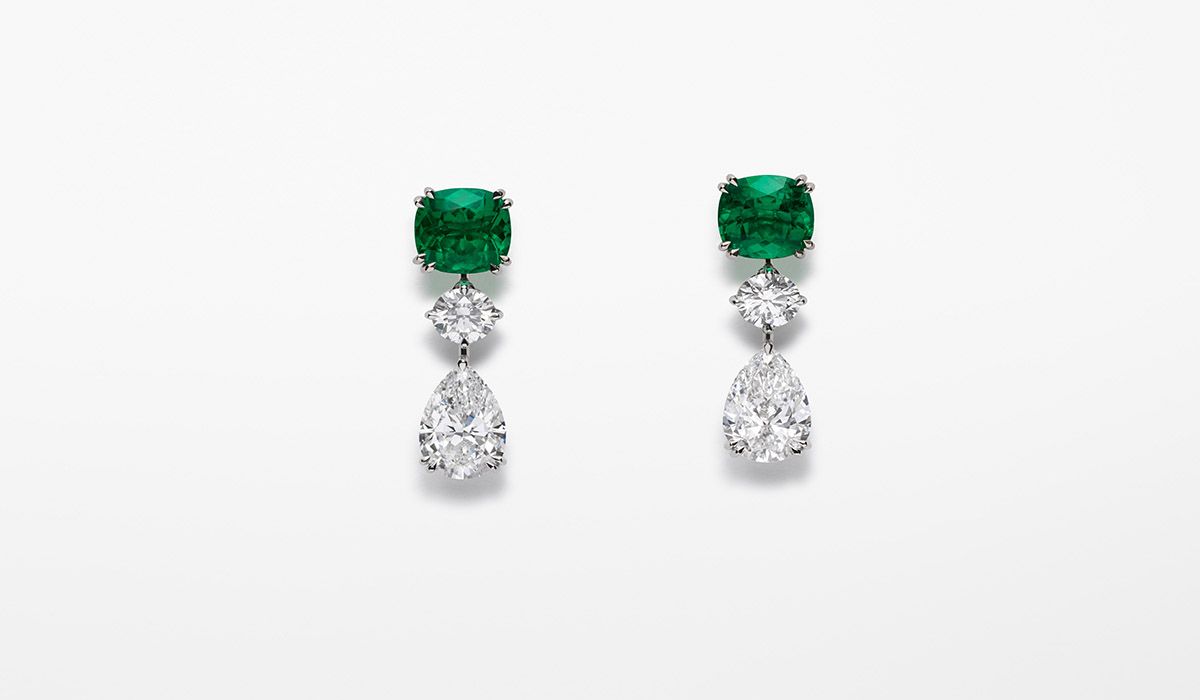 Red Carpet Earrings, with two cushion-shaped emeralds