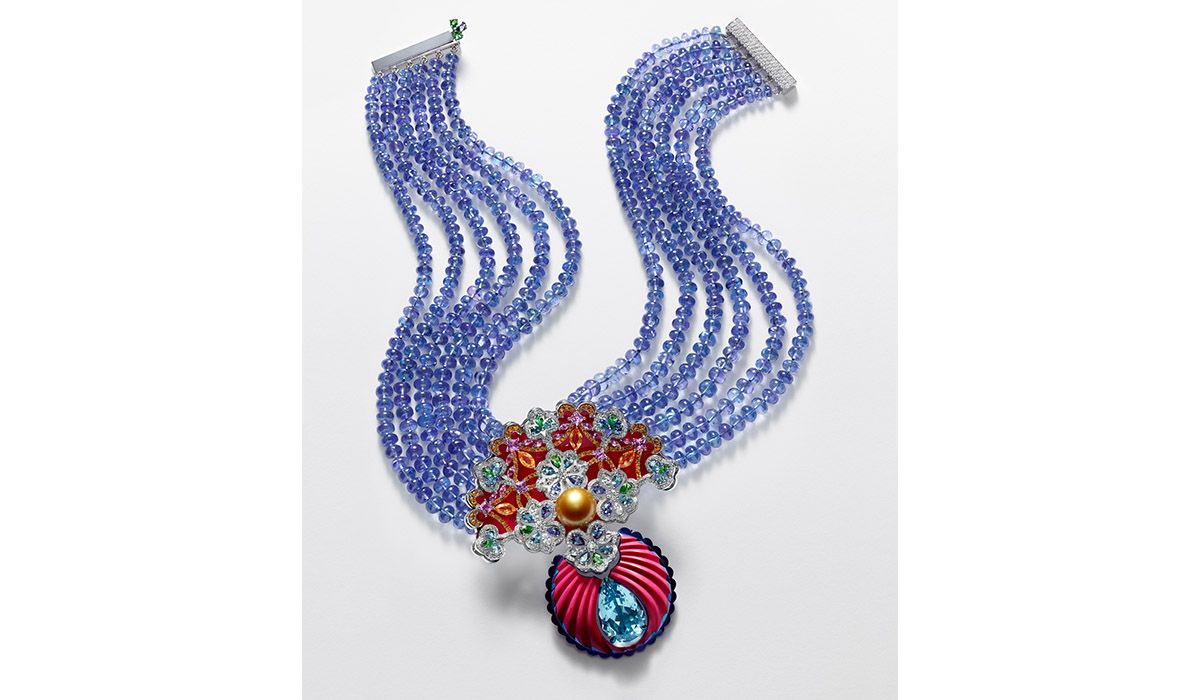 Red Carpet Necklace in white gold and titanium, composed of tanzanite beads, ceramic and aquamarine