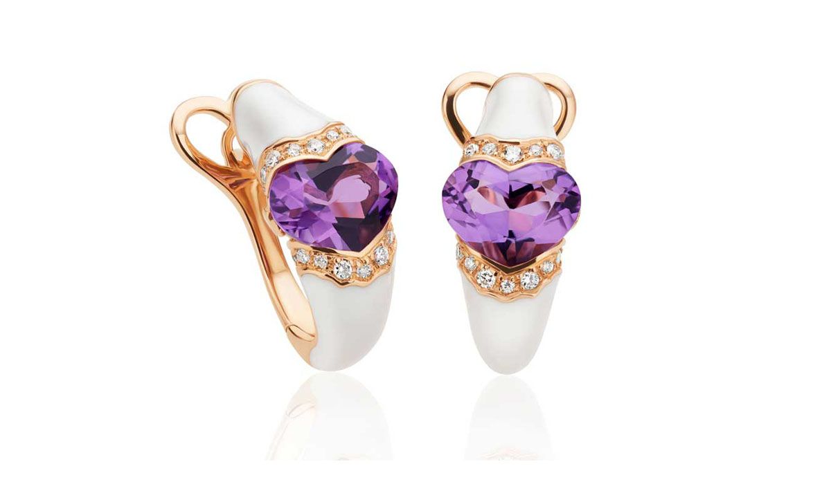 Earring in rose gold with enamel, amethyst and diamonds, Casato