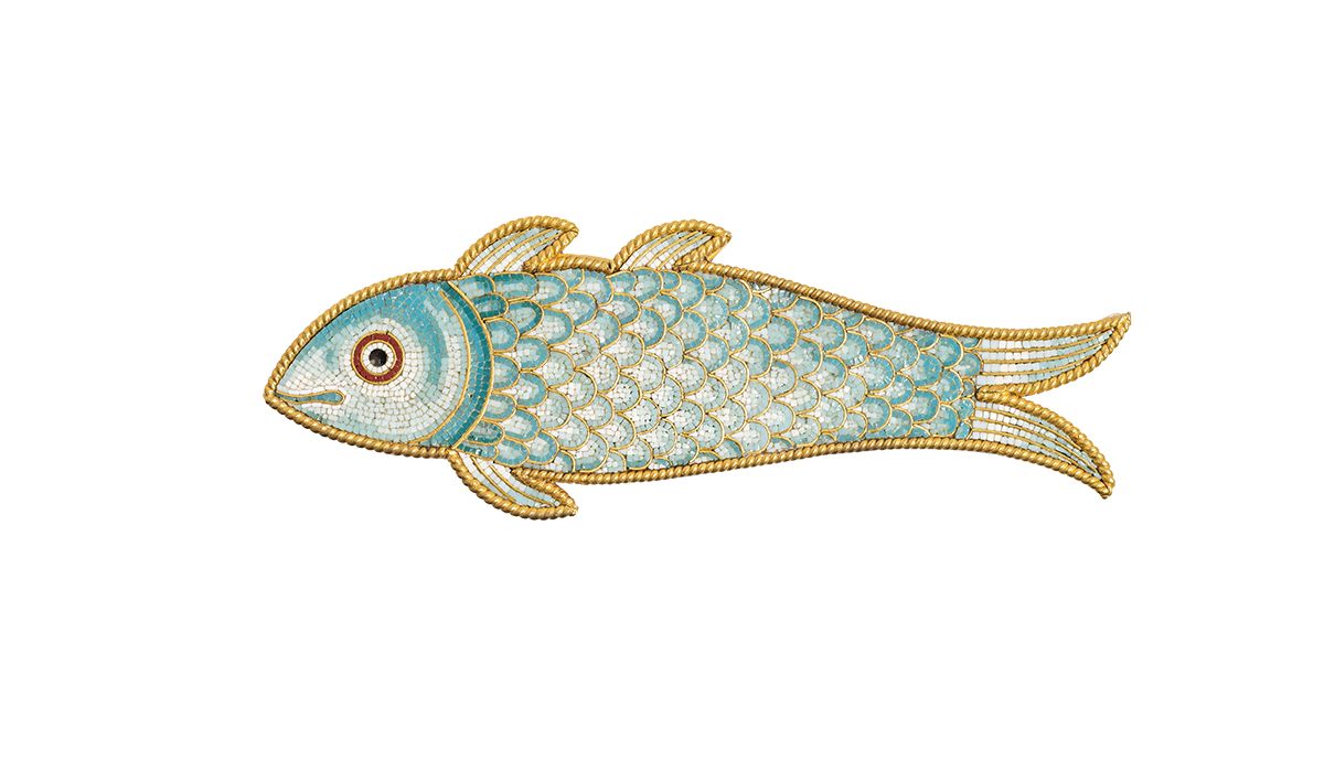Brooch in the shape of a fish in gold and glass mosaic, 1870 ca.