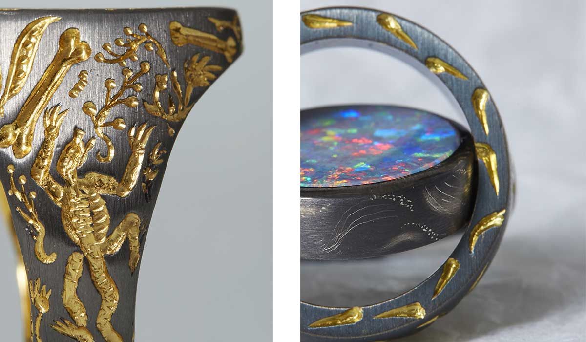Two rings designed by Castro Smith, with the techniques of engraving. 