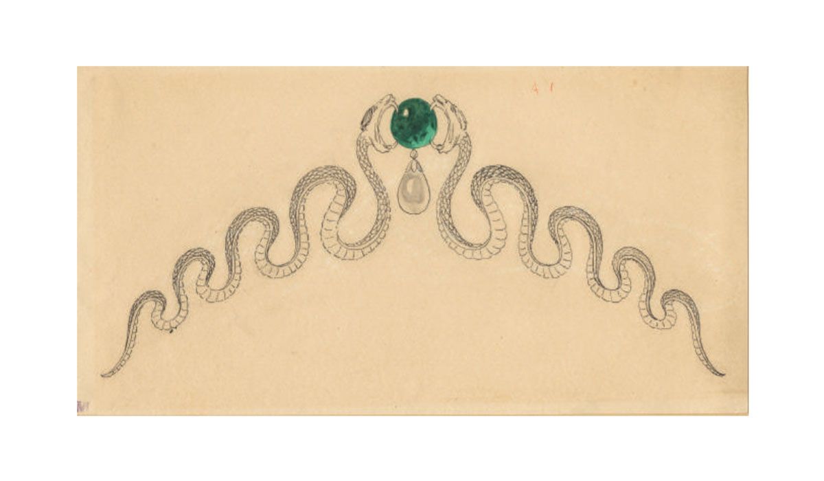 Preparatory drawing for a tiara with serpents facing an emerald, 1890-1900