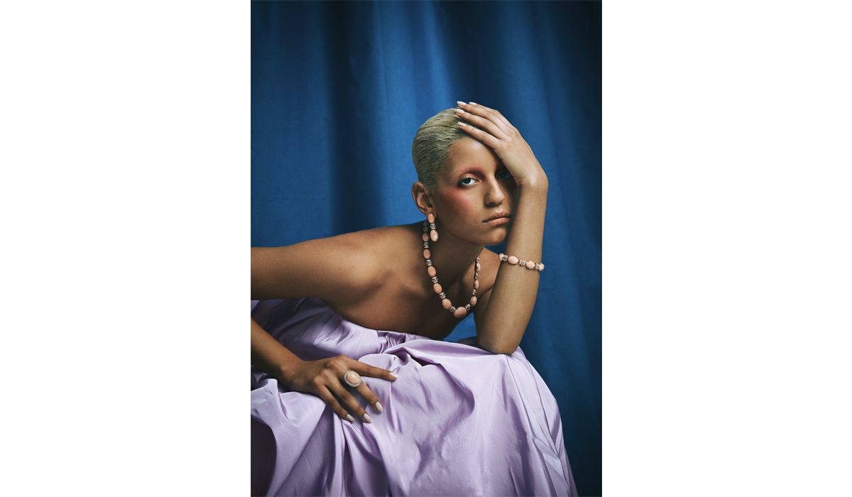 rose gold necklace, bracelet, ring and earrings with diamonds and peau d'ange coral by De Simone. dress, albino teodoro