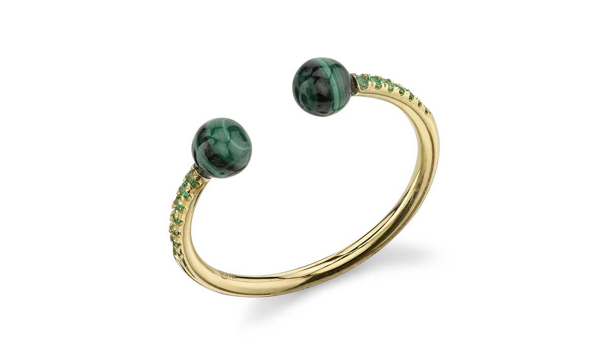 Gold and emerald pavé, double malachite ring, Sydney Evan. 