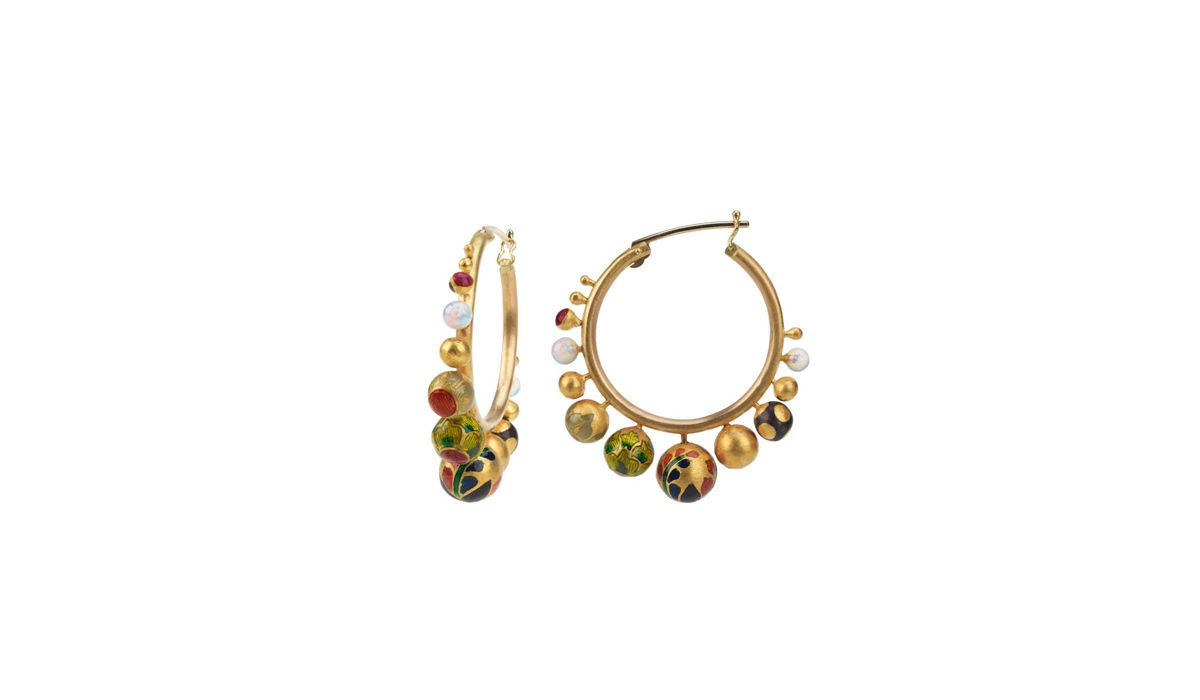 Alice Cicolini. Yellow gold Kimono hoop earrings with vitreous enamel and white opal