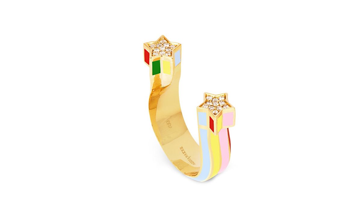 Aisha Baker. Yellow gold Shooting star ring with  colours etched out in enamel