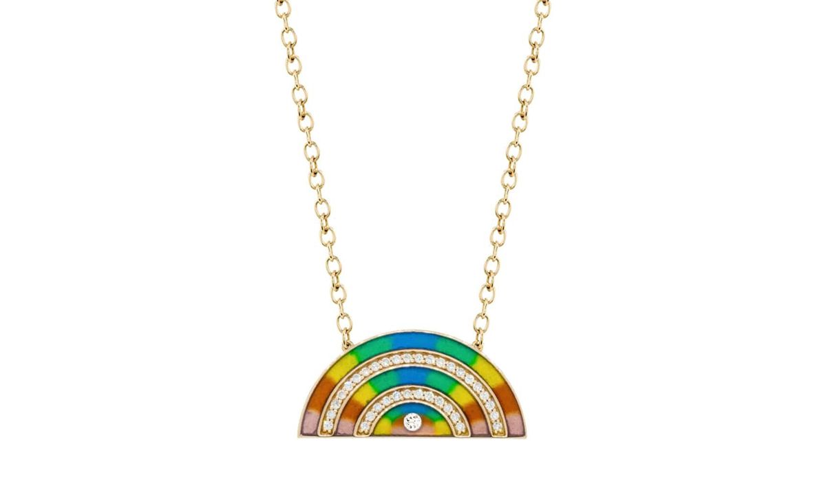 Andrea Fohrman. Medium multi color enamel rainbow necklace white diamonds