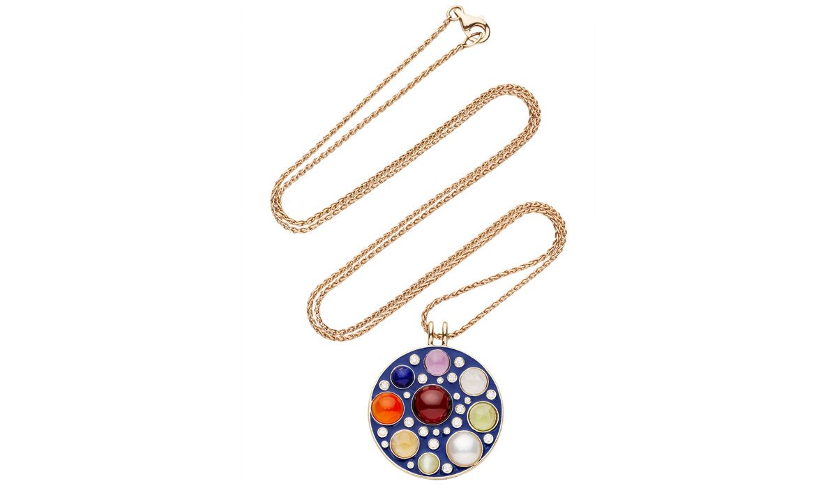 Poor Fares. Multi Upratna amulet in blue enamel, grey-gold with various coloured stones diamonds