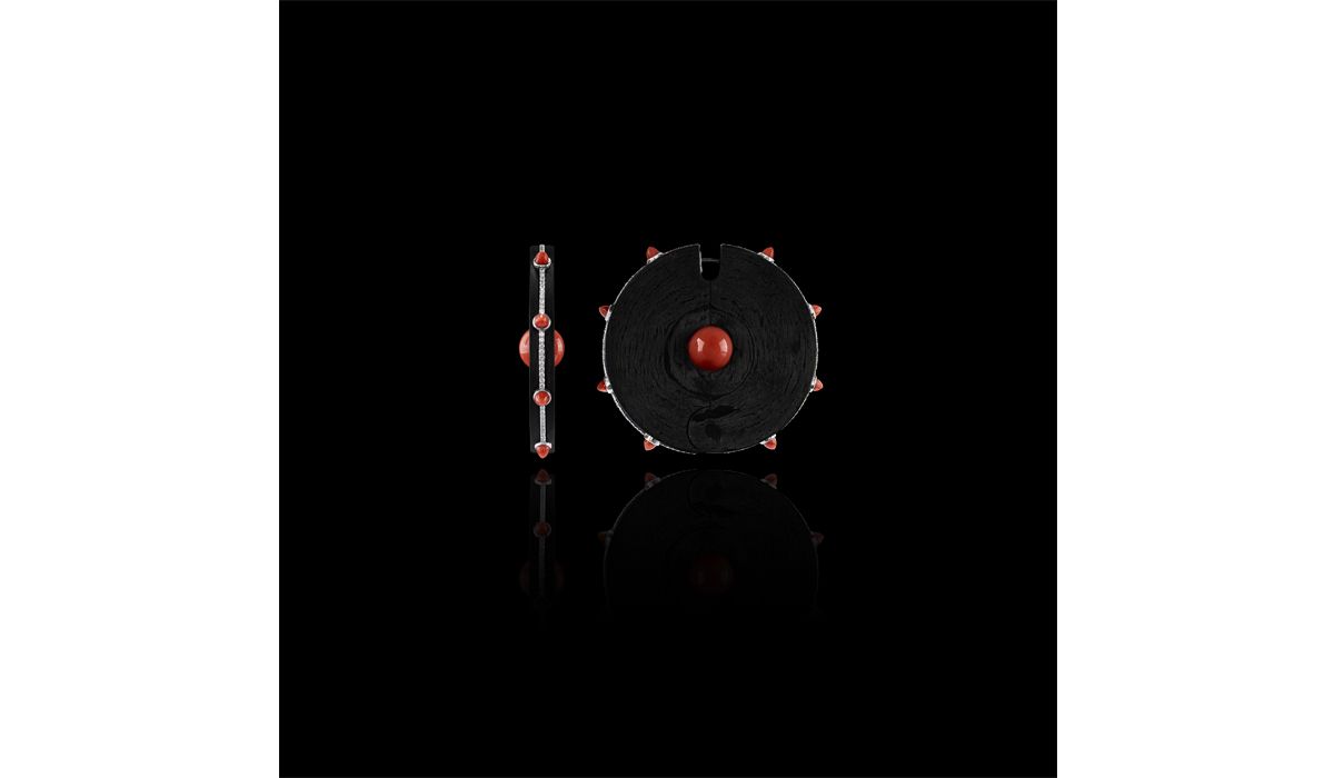 Earrings in carbon fibre, white gold, coral and diamonds, Fabio Salini