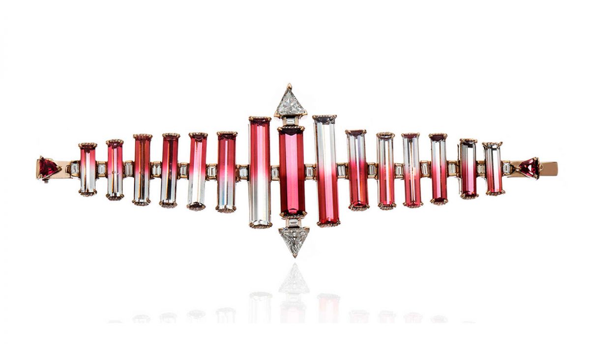 Bracelet featuring 96.35 carats of bi-color tourmaline and 6.55 carats of diamonds in 18-karat gold. Fiszman Jewel Studio. Photo courtesy, Fiszman Jewel Studio.