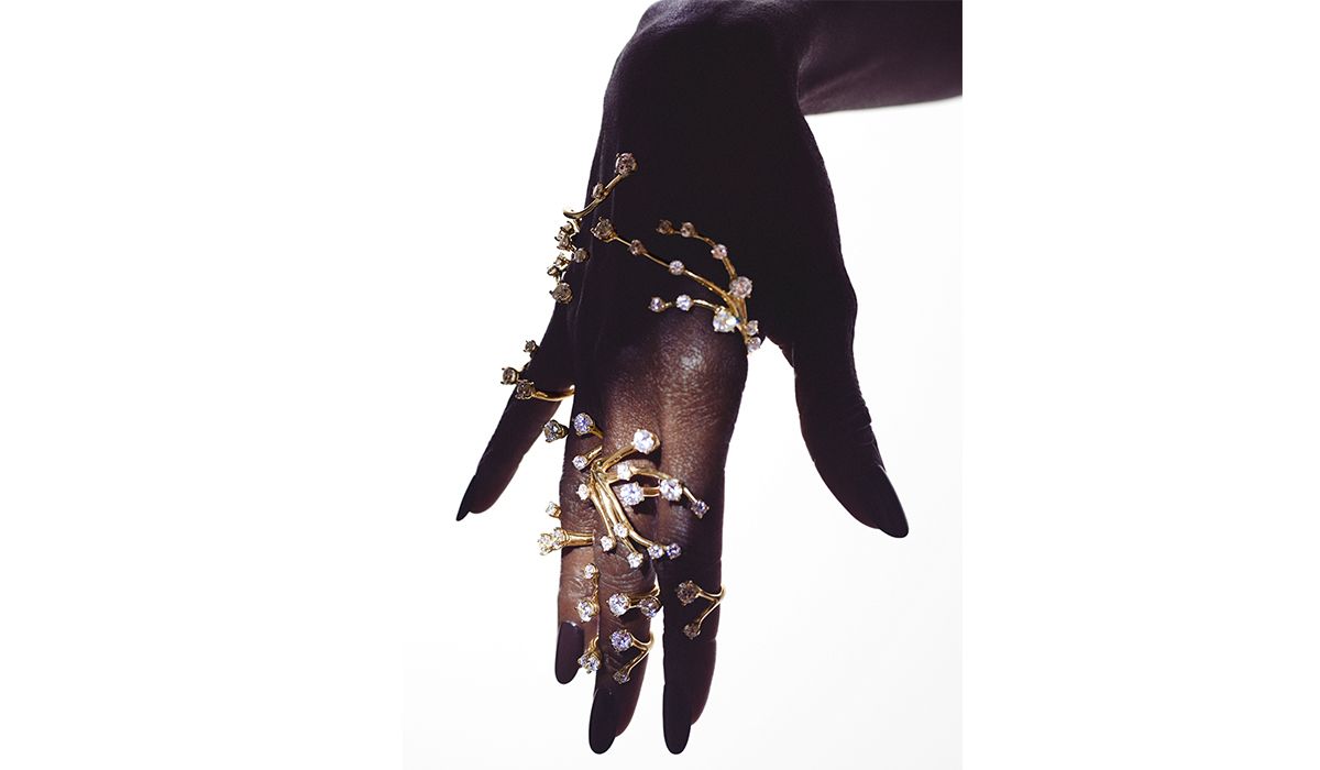 Sterling silver, gold plated and crystal rings and hand pieces, Constellation capsule, in collaboration with Net-à-Porter. Photo. Lea Colombo, courtesy of Panconesi.