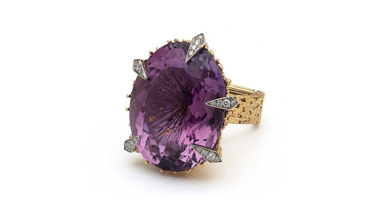 Yellow gold ring with maxi amethyst and diamonds, Grima