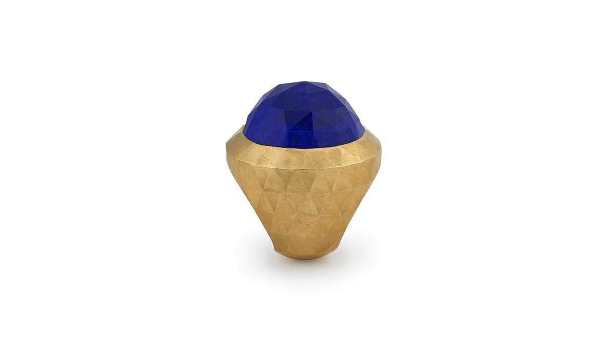 Gherkin gold ring with faceted lapis, inspired by Norman Foster's architecture, Francesca Grima