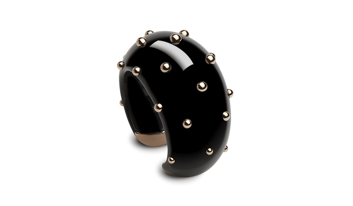 Goccia bracelet in black enamel with rose gold spheres.