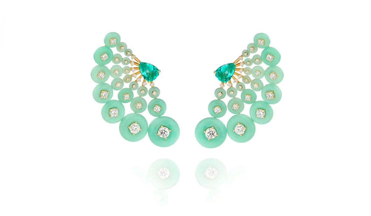 Astro Earrings with 3.82 carats of diamond, paraiba tourmaline, chrysoprase in 18-karat gold. Fernando Jorge. Photo courtesy, Fernando Jorge.