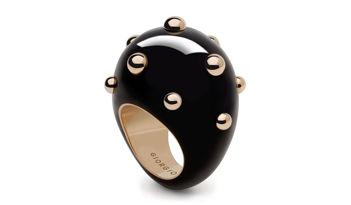 Goccia rings in black enamel with rose gold spheres.