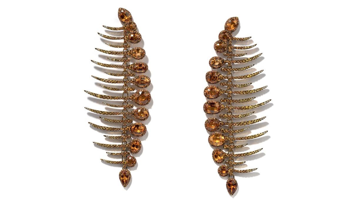 Diamond, garnet spessartite and orange sapphire Fishbone earrings