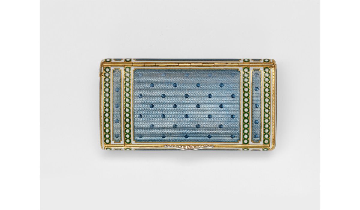 Gold, enamel, engine-turned cigarette case with diamond thumbpiece, Cartier, ca. 1907-8