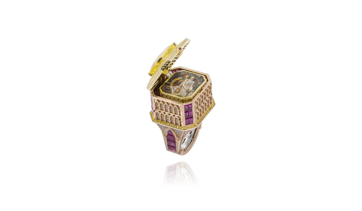 Romeo and Juliet ring featuring an emerald-cut yellow sapphire and a micro mosaic miniature by Alessio Boschi