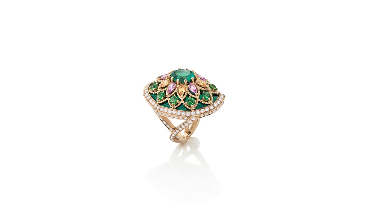 Giardino ring with green tourmalines, pink sapphires, spessartite and tsavorites garnets, and painted green enamel, Isola Madre High Jewellery collection, Mellerio