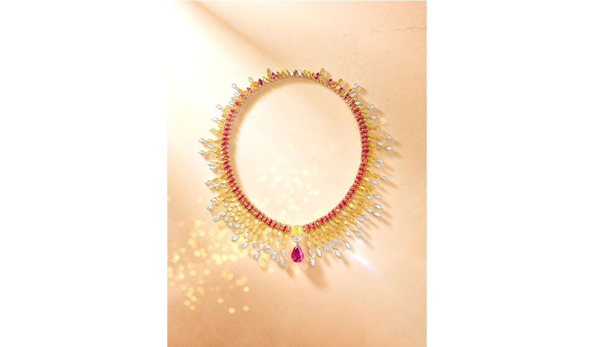 Yellow and white diamond necklace with red spinels, Sunlight Journey High Jewellery collection, Piaget