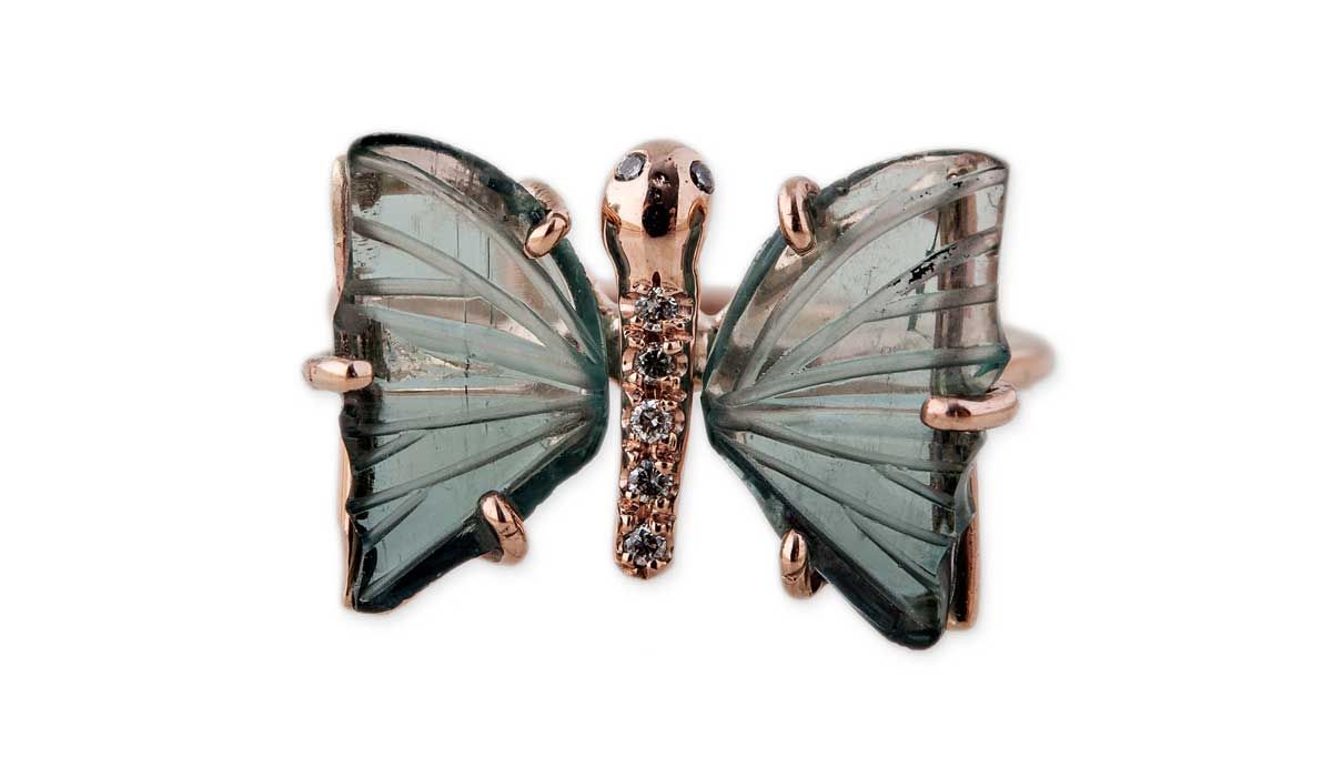 Butterfly ring with pavé diamond center and green tourmaline, Jacquie Aiche.