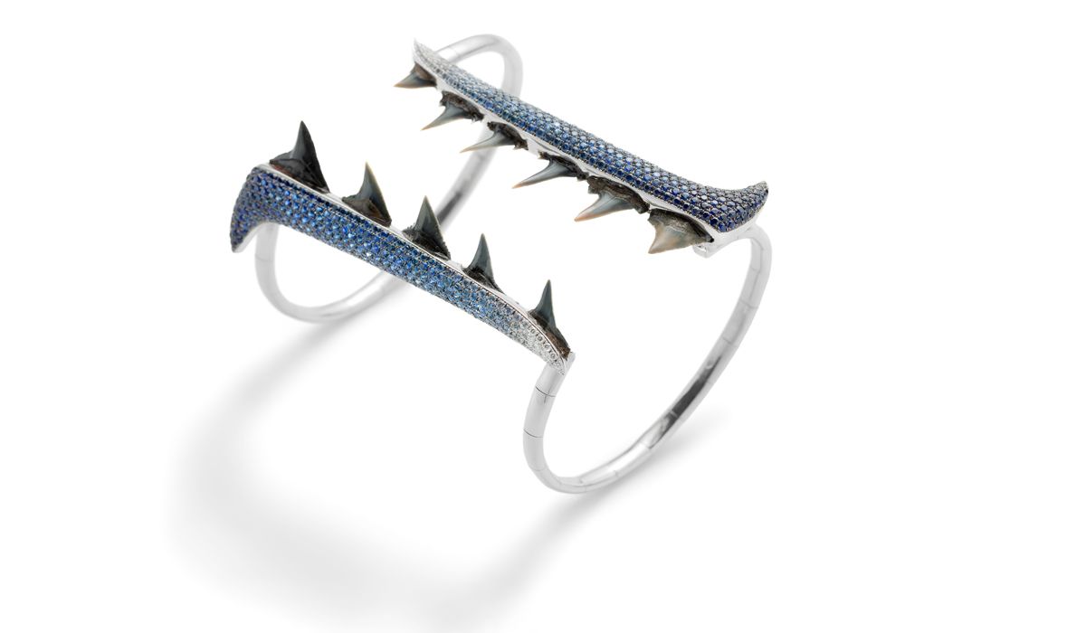 Jurassic Cuff  White gold, 925 sterling silver, blue sapphires, diamonds and fossil shark teeth mix, of Carcharinus Plumbeus and Carcharoides Catticus