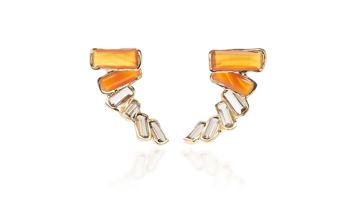 Orange kaxinawa 18k gold carnelian and quartz earrings, Kika Alvarenga 