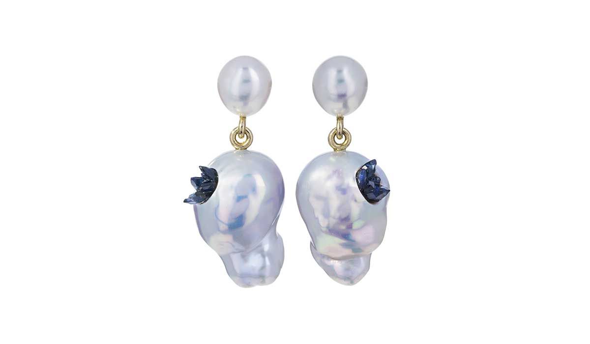 Freshwater keshi pearls and souffle sapphires Point earrings, Little H.