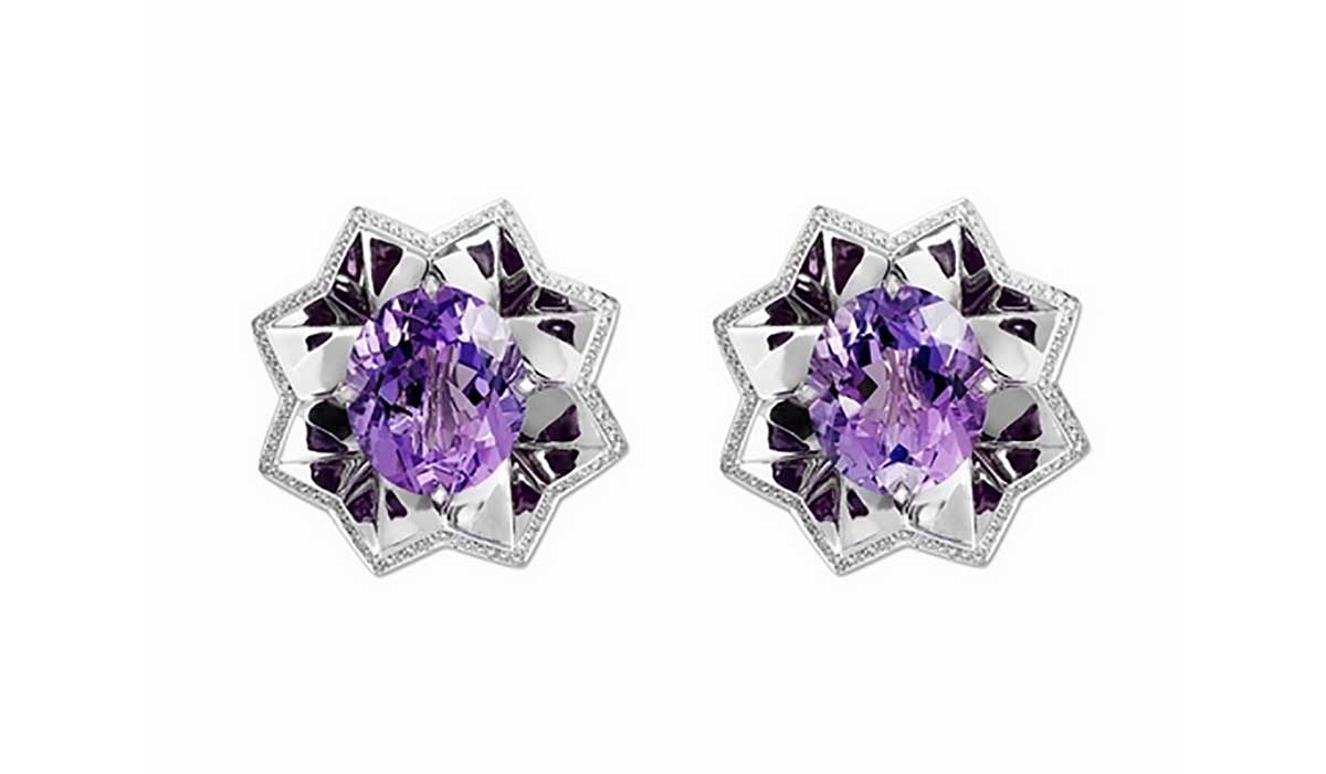 White gold earrings with white diamonds and amethysts, Lorenz Baumer