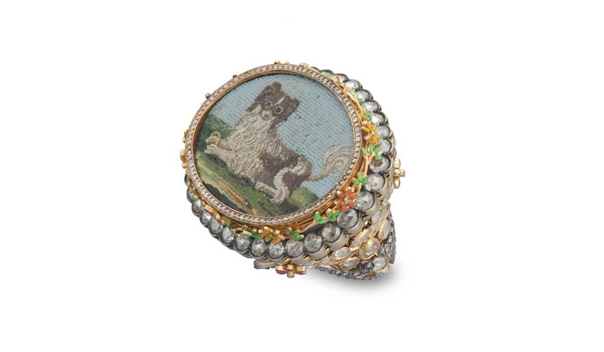 Gold, silver, micromosaic, enamel and diamonds ring. Lydia Courteille.