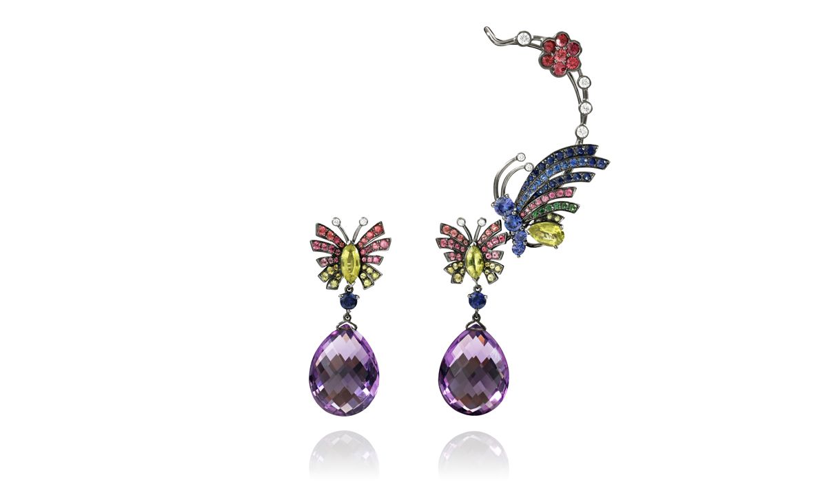 butterflies earrings with amethyst drops and precious stone