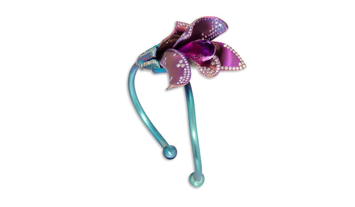 Margherita Burgener. An Amethyst, Diamond and Titanium 'Flower' Cuff Bangle