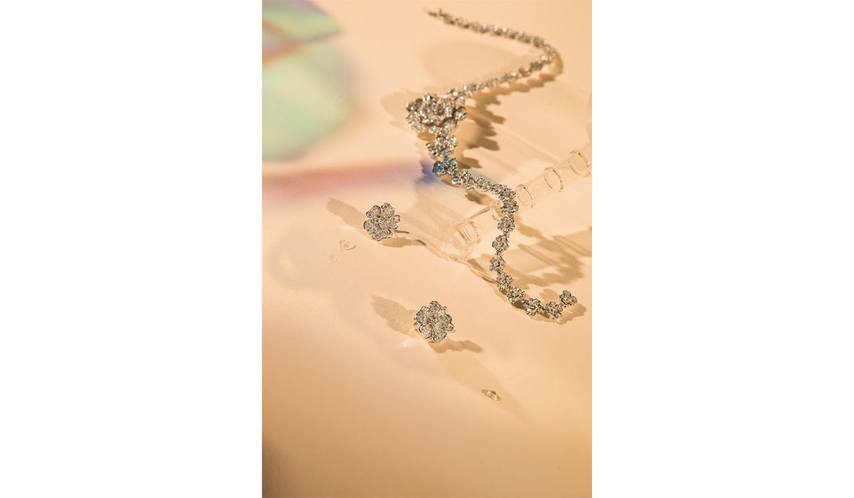 white gold and diamond flora necklace and earrings, leo pizzo