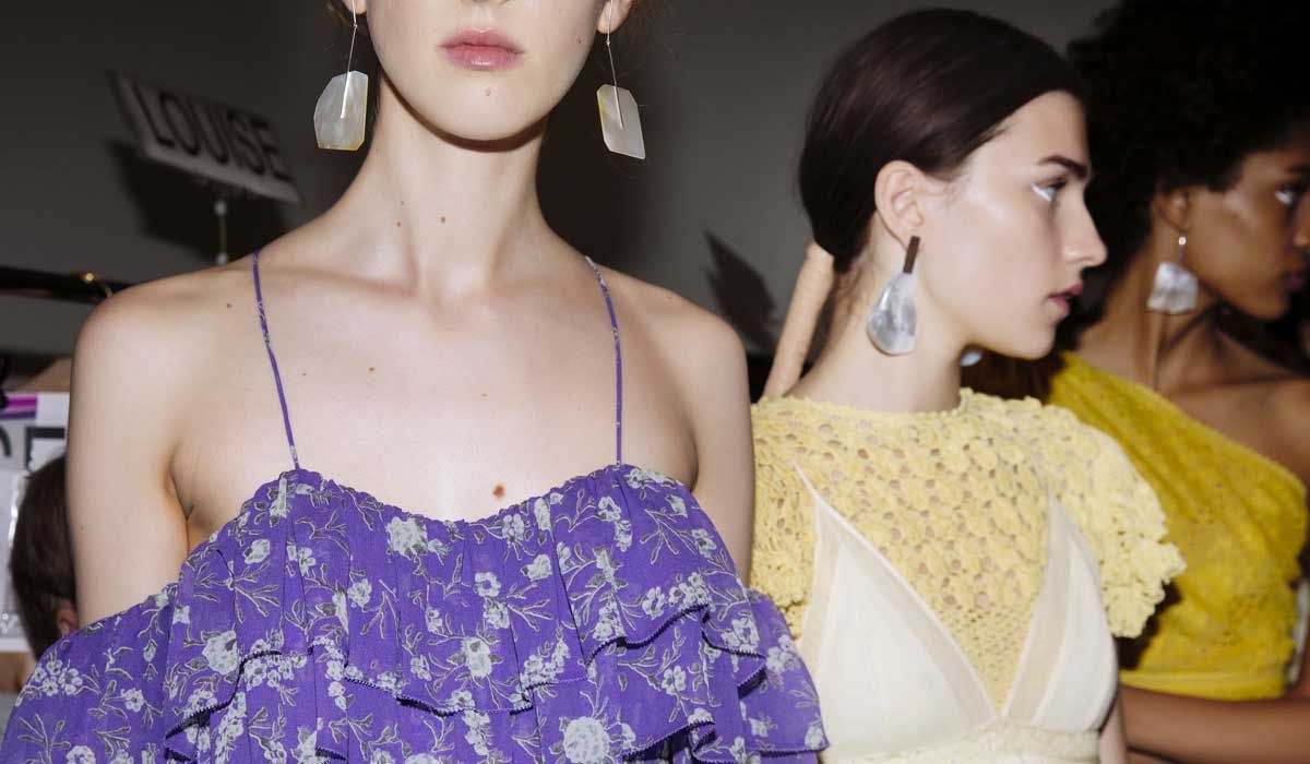 Models wearing Kathleen Whitaker earrings during Ulla Johnson S/S 2018 runway at NYFW