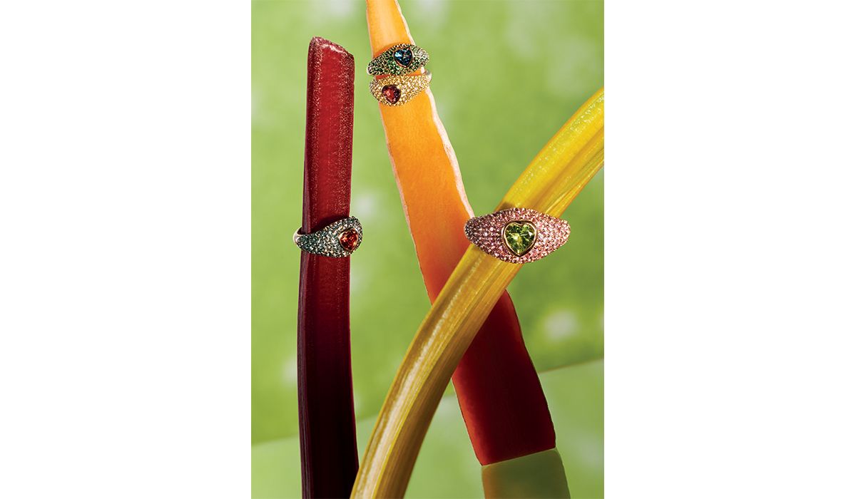 Gold Musetto chevalier rings with colored gemstones. Lisa O. Jewels