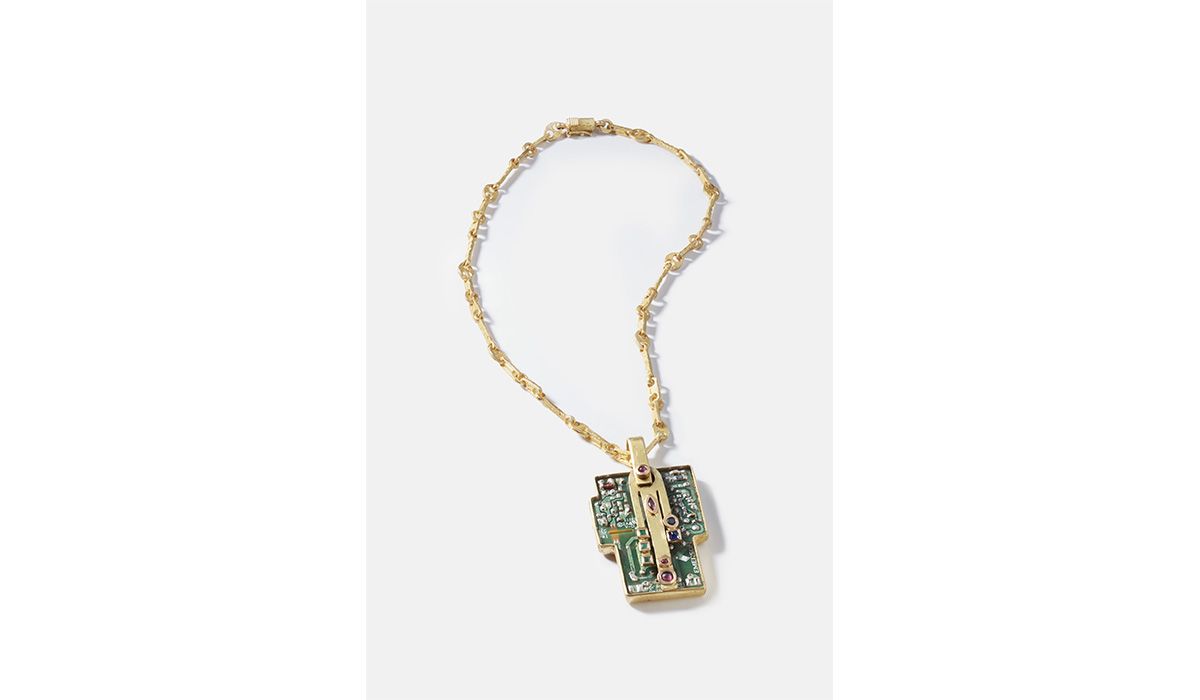Gold Constellation necklace with pendant featuring circuit board from mobile phone, rubies, emeralds and sapphires.