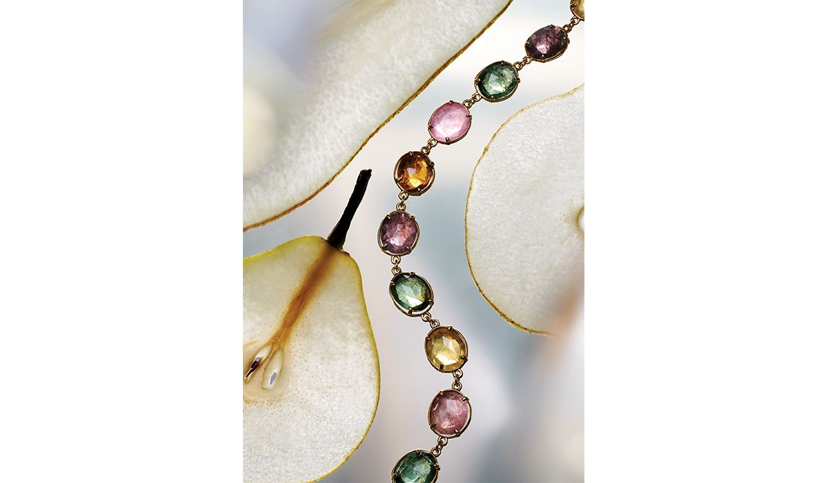 Pink gold bracelet with diamonds and multicolor tourmalines. Oxygène