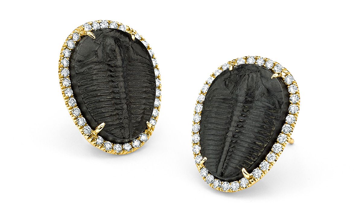 Trilobite fossil earrings, with white and black diamonds