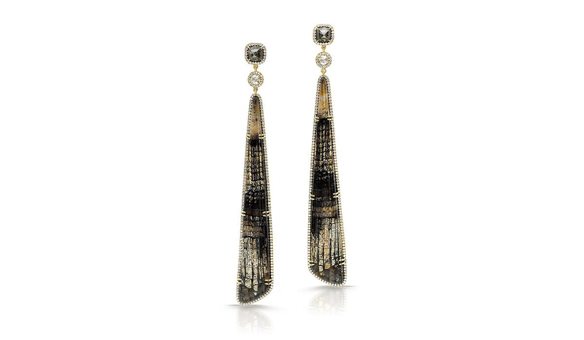 Fossilized oak earrings, with white and black diamonds