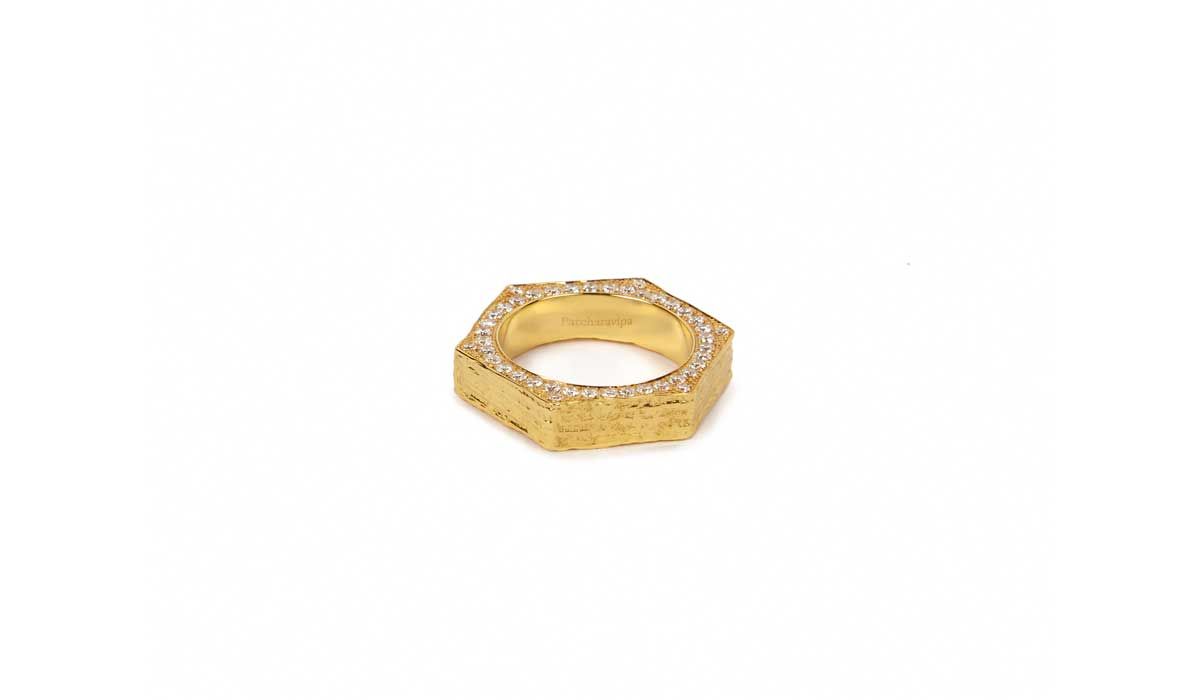 Hexagon Rings, yellow gold with diamonds.