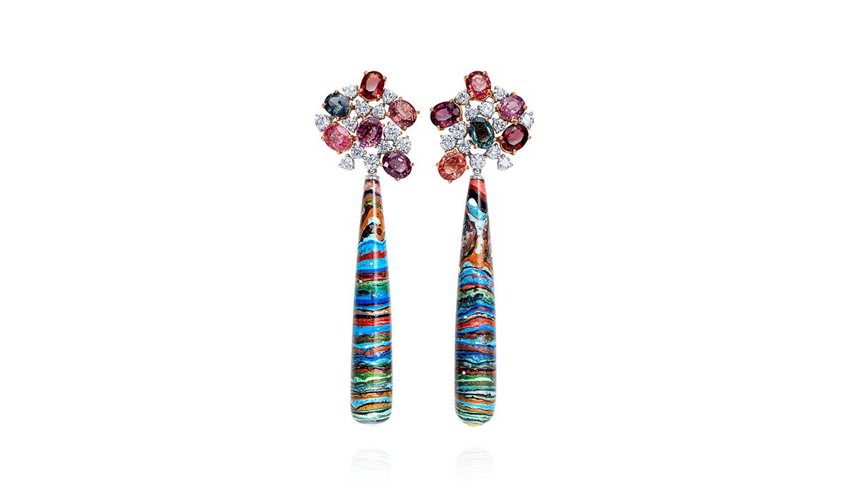 Deep Sea Spectrum earrings with rare cuts of crysocolla, diamonds and spinels, K&Co. London