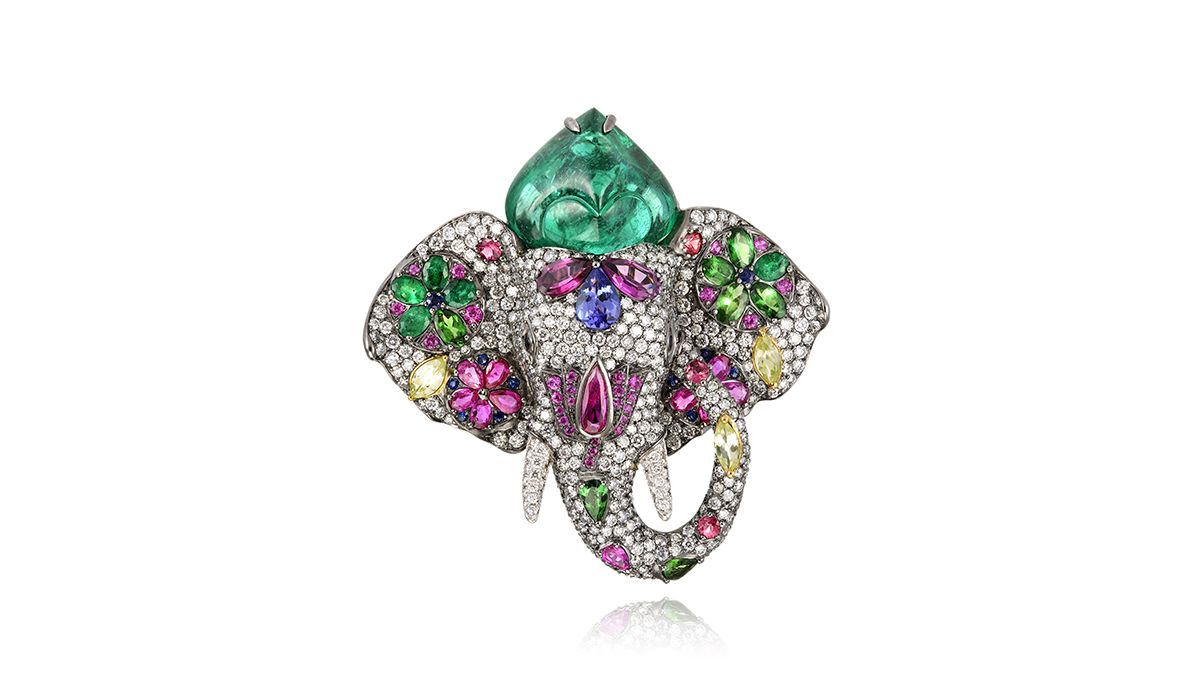 Ganesha ring with emeralds, diamonds and sapphires, Lydia Courteille