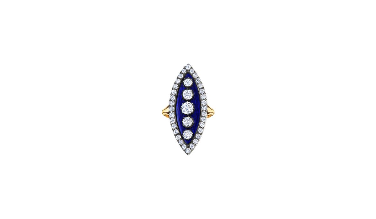 Antique old mine diamond and blue enamel navette ring, circa 1860