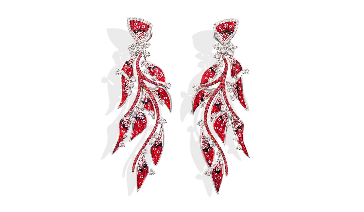 Pendant earrings in white gold, red and black micromosaic, diamonds and rubies. Nebulosa Supernova Collection 