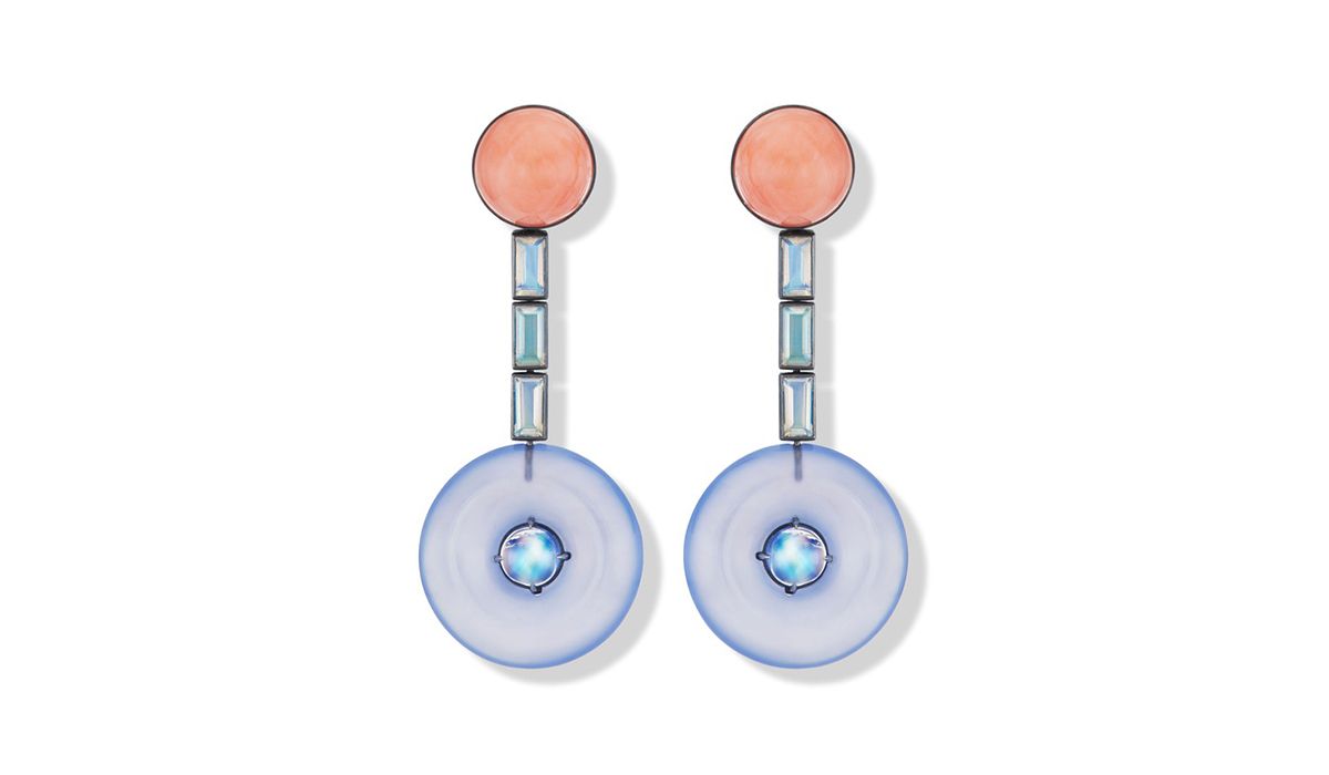 Coral, Moonstone & Chalcedony Earrings by Sean Gilson, New designer
