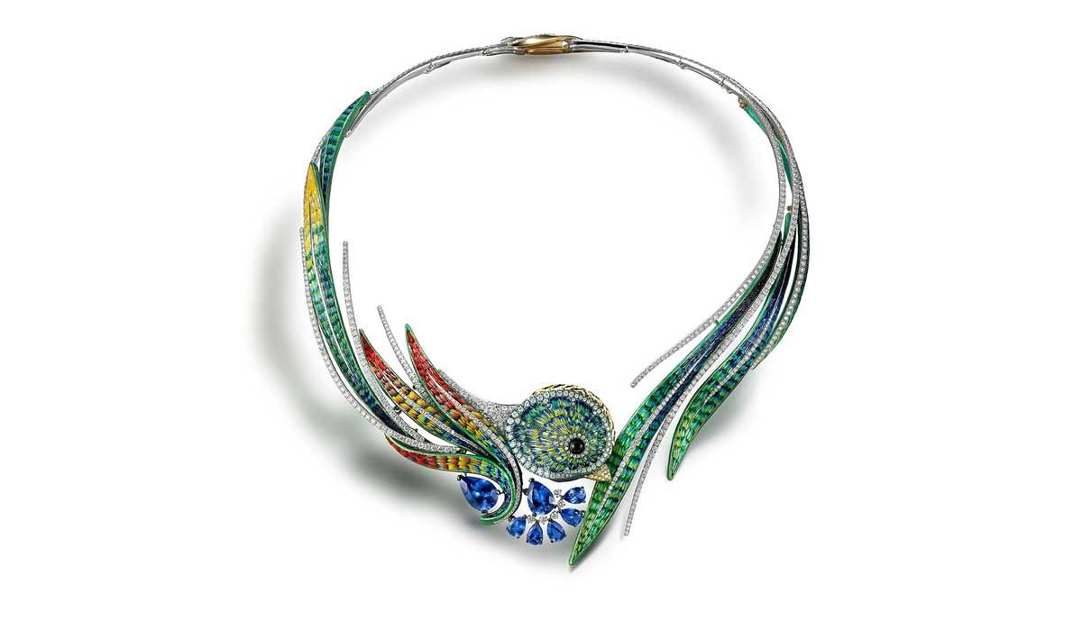  Gold and titanium micromosaic necklace with diamonds and tanzanite. Sicis.