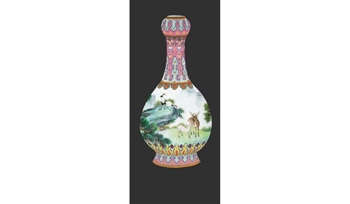 Yangcai porcelain vase from the Qing dynasty that inspired “Paradise in Harmony”. From the Portraits of Porcelain collection, Simone Jewels